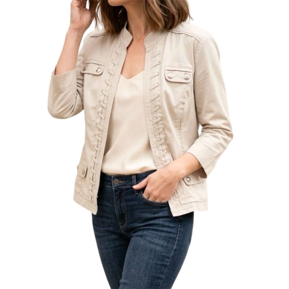 Dress Barn Tan Lightweight Military Jacket Size M Stretch 3/4 Sleeves Casual
